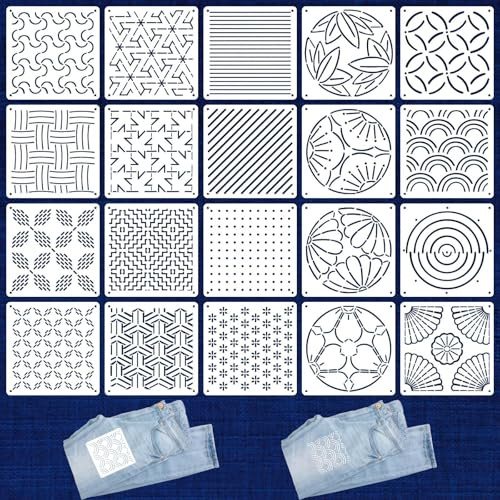 Zernblend Set di 20 Pezzi Stencil Sashiko, 5,1 X 5,1 Pollici Schablonen in Plastica per Motivi Geometrici, Quilting A Mano, Cucito E Design Tessile, Stencil Lettere, Schablonen in Rilievo