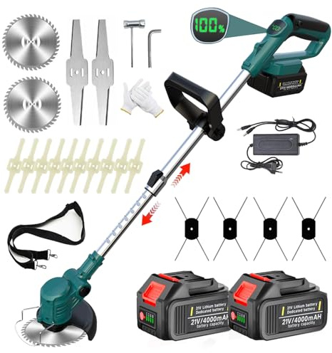 Desbrozadora Bateria 21V, Desbrozadora Electrica con 2 baterías y 4 Cuchillas Cortabordes Bateria 4 en 1, Telescópica, Rotación 90° para Recortar Césped y Arbustos, Blue
