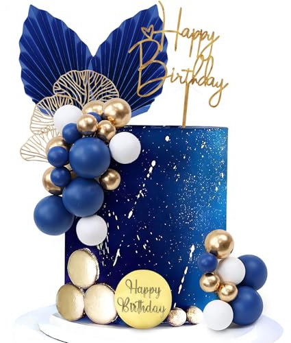 LARDUX 28 PCS Blue Cake Decorations-boho cake decorations Birthday Cake Toppers DIY Palm Leaves Mini Balloon Cupcake Insert for Baby Shower Birthday Party Decor