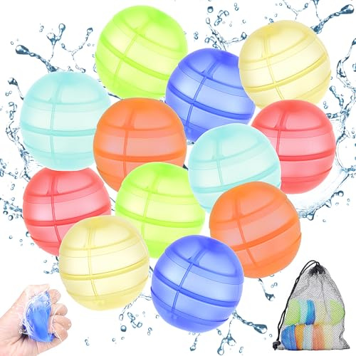 OdiuK Lot de 12 bombes à eau, réutilisables, réutilisables, avec sac en filet, tous les silicones, à remplissage rapide, jouets pour jardin, fête au bord de la piscine