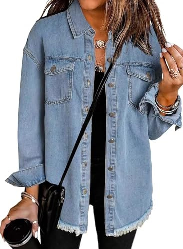 Ranphee Giacca Jeans Donna Autunnale Elegante 2026 Shacket Manica Lunga Con Bordi Sfilacciati Oversize Outfit Autunnali
