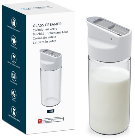 KITCHENDAO Milchkännchen aus Glas mit Frischhaltemechanismus, tropffreiem Ausguss, 350 ml Milchkanne mit Deckel, Milchkännchen aus Borosilikatglas, spülmaschinenfest
