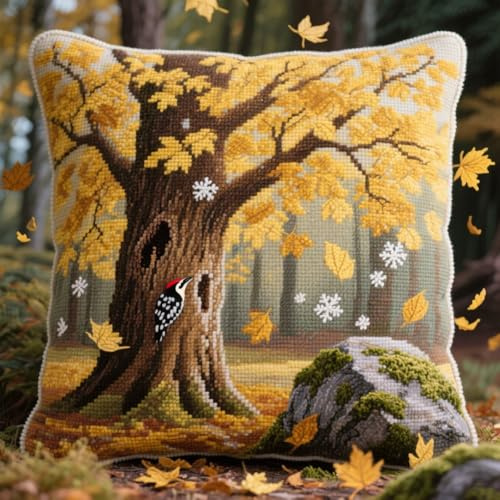 Kreuzstich Kissen Set Vorgedruckt, Große Bäume und abgefallene Blätter im Herbst Stickkissen mit Muster 45X45cm Kreuzstich Kissen zum Basteln Stickkissen kissenbezug zum besticken kreuzstich