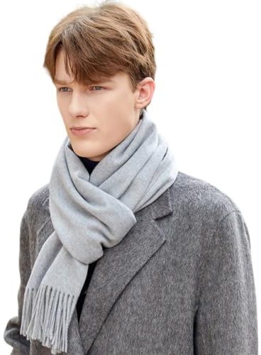 GIBZ Bufanda de Hombre, Chal de Lana Larga Cálido y Suave Elegante con Flecos, Pashmina Foulard Clásico para Otoño e Invierno, Gris Claro, 70 x 200 cm