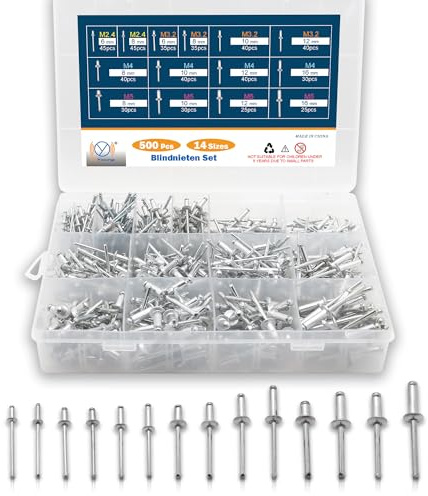 DIYoung 500 pezzi Assortimento Rivetti Ciechi in Alluminio, Rivetti Pop in Acciaio, 14 Dimensioni per Metallo, Legno, Plastica (M2.4 M3.2 M4 M5)