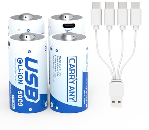 CARRY ANY 5000mWh Rechargeable Lithium C Batteries 4 Pack with USB-C Cable