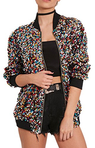 Cresay Women's Sequin Fitted Long Sleeve Zipper Blazer Bomber Jacket-rainbow S