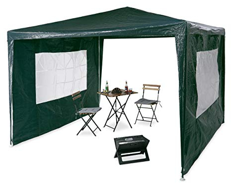 Relaxdays Pavilion 3x3 m, 2 paneles laterales, estructura de metal, lona PE, ventana, carpa de fiesta del festival, cerrada, verde