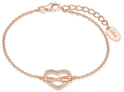 s.Oliver SO PURE Armband für Damen mit Herz Anhänger und Infinity Symbol, Zirkonia / 925 Sterling Silber, Rosé vergoldet, Länge: 17-20 cm