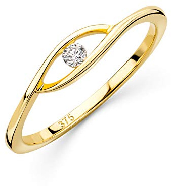 Orovi Anillo de mujer de oro amarillo de 9 quilates (375) con diamante solitario de 0,05 quilates, anillo de compromiso, oro, diamante
