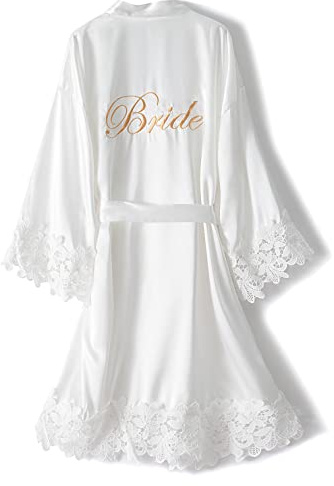 UrHot Dam brud brudtärna rock med spetskant bröllopsfest kimono morgonrock mjuk satin badrock bli redo, .vit, One Size