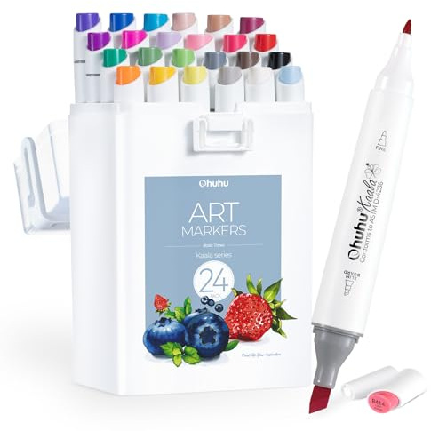 Ohuhu Marqueurs à Feutre Alcool Slim Broad et Fine à Double Pointe Pour Artistes Adultes Coloriage Sessin Conception de Paysage(Basic-24 couleurs)