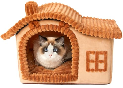Jiupety Bear Cat Houses for Indoor Cats, Chimney Cute Cat Bed Cave, Enough Interior Space, Cartoon Soft Pet House Up to 3-10 lbs Kitten, Brown