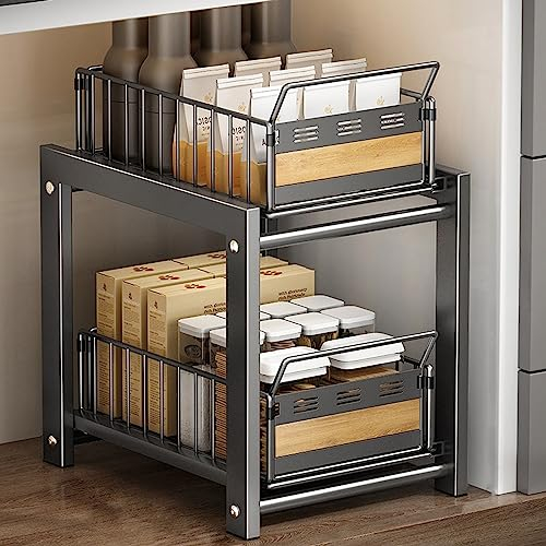 QHENS Rangement sous Evier 2 Niveaux Gris En Métal, Organisateur sous Evier Cuisine Extraction avec 2 Paniers, Stabilité Structurelle et Ventilation, 35,5 x 26 x 45 cm