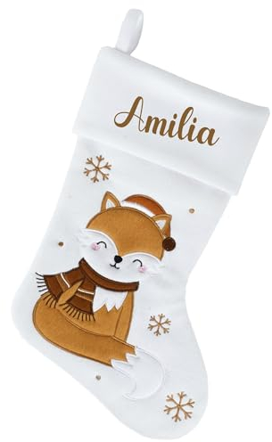 minimutz Chaussette de Père Noël avec nom pour enfants - Chaussette de Noël personnalisée à suspendre et à remplir - Bottes de Noël blanches 45 cm - Renard