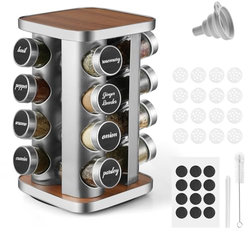 FRIBERG Rotating Spice Rack,Spice Rack With 16 Spice Jars, 360° Spice Carousel With Funnel, Label, Pen And Cleaning Brush