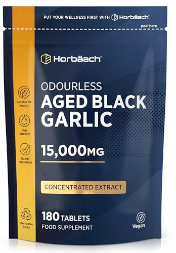 Black Garlic Tablets 15,000mg | 180 Count | High Strength Odourless Concentrated Extract (100:1) | Aged Black Garlic Vegan Supplement | By Horbaach