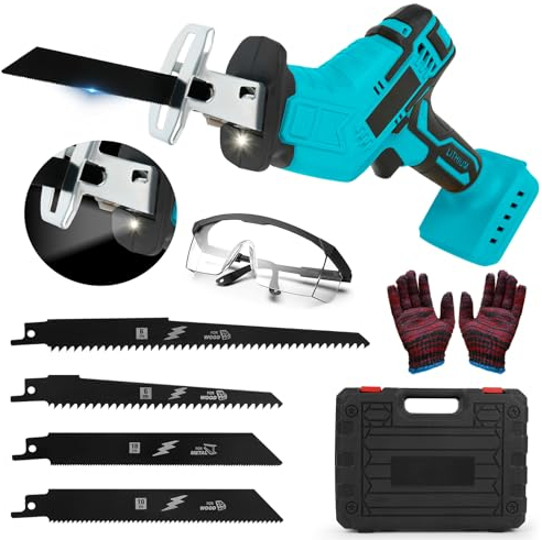 Sega a Gattuccio Compatibile con Makita 18V, Seghetto con serratura di sicurezza e luce a LED, Velocità Variabile 0-3000 SPM, 4 Lame, Adatto per Tagliare Legno e Metallo (Non include batteria)