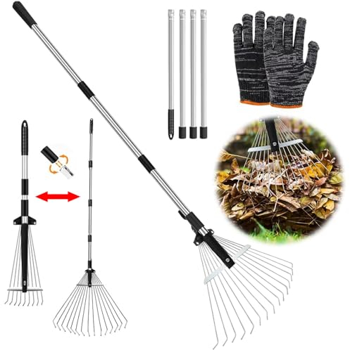 Rastrillo jardín, rastrillo Hojas Ajustable con Mango 215 cm, rastrillo Hojas Regulable, rastrillo Recoge Hojas Jardin, rastrillo para Limpiar Plantas, césped y Patio