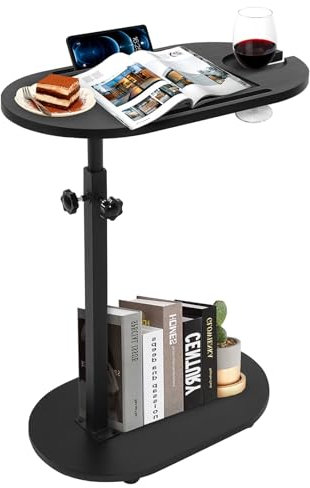 Wooden End Table C Shaped Side Table Adjustable Height Coffee Table with 360 Degree Rotating Top Sliding Under Furniture for Sofa Bedside