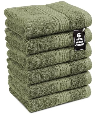 LANE LINEN Soft Washcloths 100% Cotton 6 Pack Soft Absorbent - Oil Green