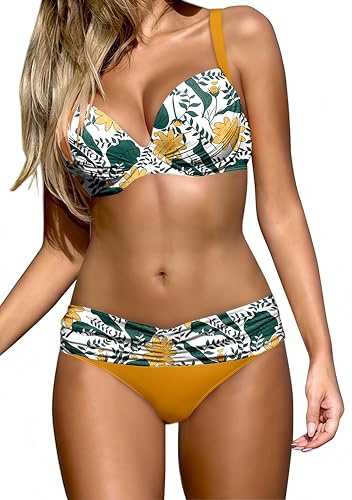 Ocean Plus Maillot de Bain 2 Pièces Femme Bikini Push-Up avec Armatures Moulées et Culotte Brésilienne Opaque pour Plage Piscine Sport (M (EU 38-40), Jaune Moutarde à imprimé Floral)
