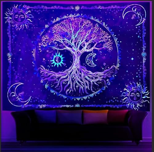 Cyiecw Arazzo da parete con luce nera, effetto estetico, con sole reattivo, luna e albero della vita, decorazione fluorescente, decorazione da parete per il soggiorno (200 x 150 cm) (sole luna)