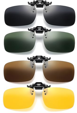 4 Pack Clip on Sunglasses for Prescription Glasses, Polarized Flip up Sunglasses with 4 Bags Anti Glare UV400 Protection Safe Driving Glasses for Men Women Driving Travelling Outdoor Sport Fishing