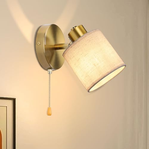 Winverty Applique Murale avec Interrupteur, Dorée Vintage Luminaire Mural Interieur avec Abat-jour en Lin Beige, Lampe de Chevet Pivotante E27 pour Chambre Salon