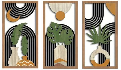 Yixuan 3-Piece Boho Wall Art Set, Tropical Laser-Cut Wooden Wall Decor, Hollow Geometric Vase Sculpture for Living Room, Bedroom, Hallway, Bohemian Home Decor, Modern Farmhouse Wall Hanging Ornament