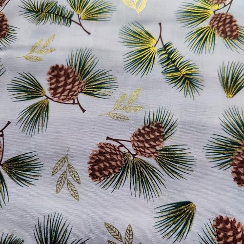 Metallic Christmas Fabric - Holly Leaves & Ribbons on Green, Navy, Cream. Baubles and Snowflakes Design. Festive Pinecones and Xmas Trees – 100% Cotton (Metallic Pinecones, Metre)