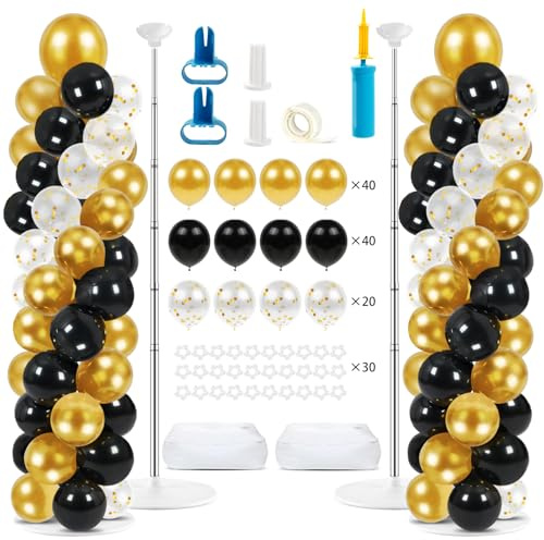 2 Pack Balloon Stands for Floor, 6.5 FT Height-Adjustable Balloon Column Stand, Include 100 Black and Gold Balloons