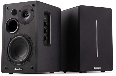 Audizio KS01B - Paire d’Enceintes HiFi Bibliothèque 120 W Finition Noire | BT sans Fil, Entrées RCA/Optique, Design Moderne, Son Clair et Puissant