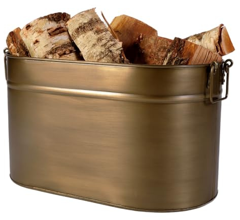 Brass Kindling Bucket Wood Basket Vintage Style Coal Scuttle Basket (Small) | Recycled Metal, Cast Iron, Log Store, Fireplace Accessories, Carrying Handles, Embossed Band Design