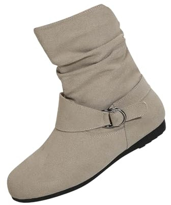 cfpqv Bottes pour femme - Tige large - Bottines plates mi-hautes - Bottes souples en daim - Bottes plates antidérapantes - Bottes larges confortables - Bottes d'hiver chaudes pour l'hiver