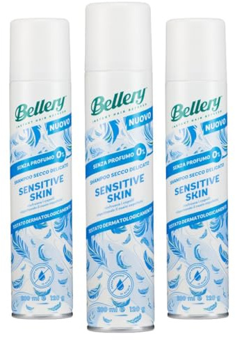 Bellery Sensitive Skin Dry Shampoo - Shampoo Secco Spray per Tutti i Tipi di Capelli - Formula leggera, senza profumo e dermatologicamente testata – Per Pelle sensibile - 3 x 200ml