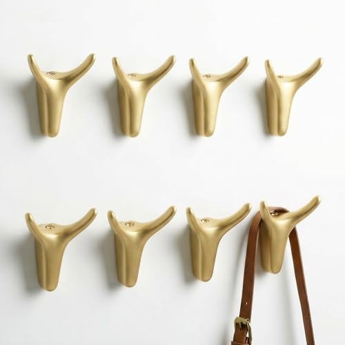 POZEAN 8 Pack Antler Wall Hooks for Hanging, Matte Gold Heavy Duty Coat Hooks Wall Mounted for Coats Hats Bags Keys, Decorative Deer Antler Metal Hook for Entryway Mudroom Bathroom Bedroom (8, Gold)