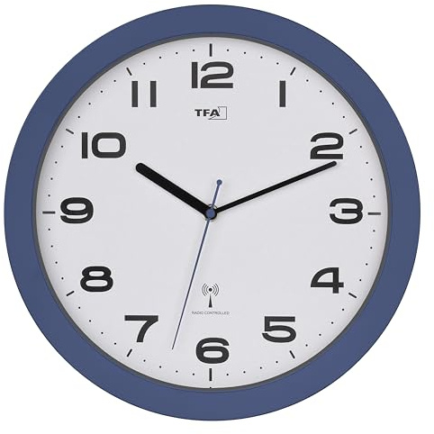 TFA Dostmann Orologio da parete radiocontrollato con meccanismo Sweep, 60.3554, moderno, camera da letto, orologio da salotto, orologio da parete radiocontrollato, stile classico, 32 cm, cornice blu