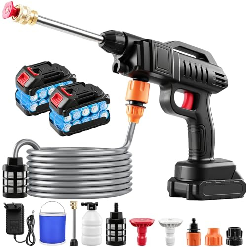 Idropulitrice a batteria, 200 bar, 21 V, con secchio, idropulitrice portatile con ugello 3 in 1, pistola ad alta pressione da 5 m per tubo da giardino, batteria da 1500 W, per auto, terrazza, finestre