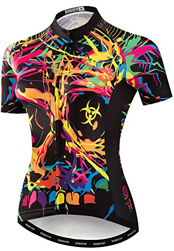 Damen-Fahrrad-Jacke, kurzärmelig, mit Blumenmuster, mit großem reflektierendem Band, Bunt, M