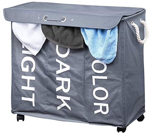 Bakaji Panier à linge sale à 3 compartiments à linge 3 espaces en tissu Oxford pliable avec roues et poignées, dimensions 63 x 35 x 57 cm (gris)