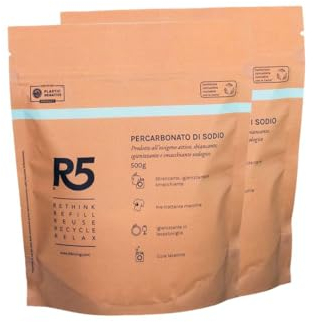 R5, Percarbonato di Sodio in Polvere, 1 kg, Sbiancante, Smacchiante e Igienizzante per Lavatrice e Lavastoviglie, Cura Lavatrice, Inodore, Ecologico, 2 x 500 g