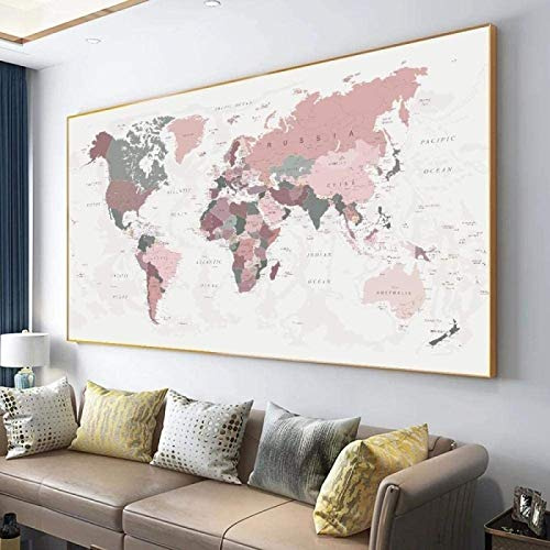 HHLSS Konstverk, målning 60 x 80 cm utan ram, världskarta, affisch, tryck, rosa färger, väggkonst, canvasmålning, stor väggmålning för vardagsrum, heminredning,