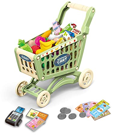 RedCrab Kinder Einkaufswagen Spielset, 54 Stück Kaufladen Zubehör Set, Übergröße Rollenspiel Trolley Cart, Lernspielzeug Geschenk ab 3+ Jahren Junge Mädchen