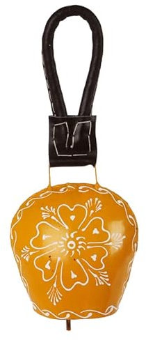 Vivanta 12,7 cm Kuhglocken Geräuschmacher, dekorative Glocke zum Wandbehang, antike Kuh-Dekor-Glocken Lederband, Vintage handgefertigte Glücks-Riesen-Harmonieglocken, handbemalte Glocke (gelb)