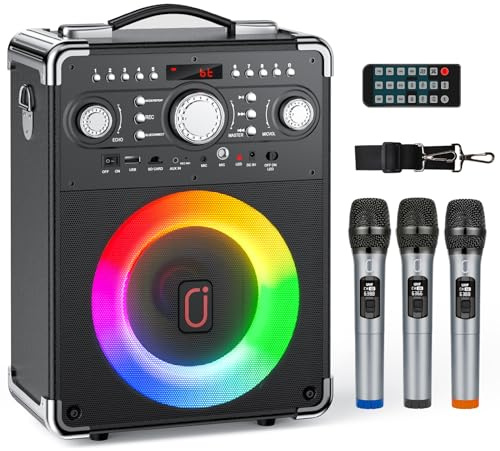 Karaoke Machine with 3 Wireless Microphones, Bluetooth Karaoke Speaker with 3 Mics for Adults/Kids, Portable PA System for Home Party with DJ Lights & Remote Contro, Support TWS/USB/TF Card/AUX/REC