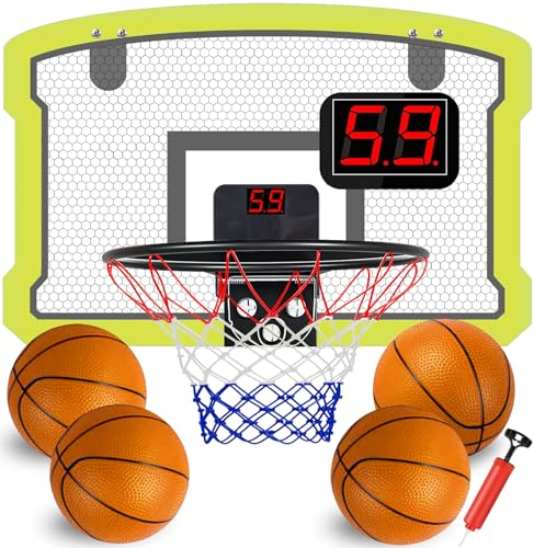 TEUVO Mini Basketballkorb Indoor, Tür Basketballkorb Kinder für Zimmer & Büro mit 4 Ball & Elektronische Anzeigetafel Basketball Korb Outdoor Wandmontage Sport Spielzeug Geschenke für Jungen Mädchen