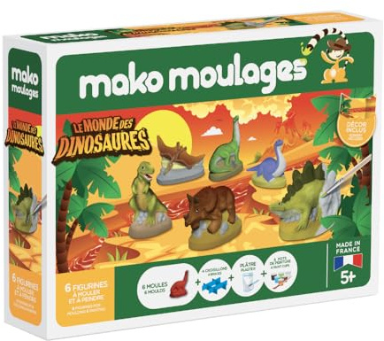 mako moulages - Le Monde des Dinosaures - Kit de Loisir Créatif - Coffret de 6 moules en Latex - Plâtre et peintures - Fabriqué en France - A partir de 5 Ans - 39109, Vert