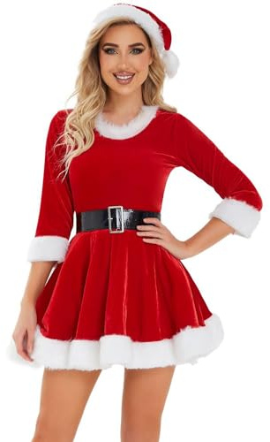 dPois Disfraz Mama Noel de Navidad para Mujer Vestido con Capucha de Terciopelo Disfraz Fiesta Navideño Vestido Rojo con Cinturón Caliente Invierno Otoño Rojo E S