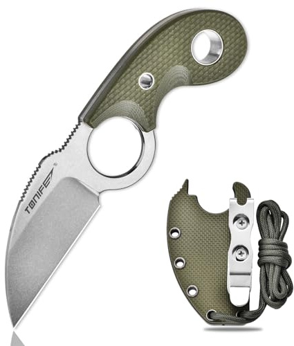 TONIFE Crescent Cuchillo de Cuello Cuchillo al Aire Libre de Hoja Fija 8Cr14MoV Acero con Funda de Cordón y el Clip de Full Tang Cuchillo de Supervivencia (Verde+Piedra)